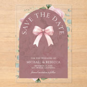 ピンクの花飾りと優雅なデザインの結婚式のSave the Date アクリル招待状 (正面)