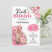 ピンクの花飾りブーツとバブルな花嫁のシャワー 招待状 (スタンド正面)