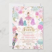 ピンクの花飾り付きくるみ割り人形のお菓子の国 誕生日 招待状 (正面)
