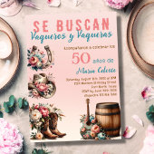 ピンクの花飾り付きスペイン西部カウボーイ50歳誕生日 招待状
