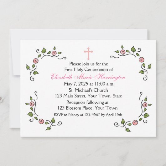 ピンクの花飾り付き宗教用 招待状 (正面)