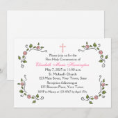 ピンクの花飾り付き宗教用 招待状 (正面/裏面)