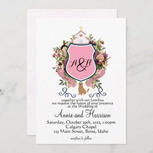 ピンクの花飾り紋章 ゴールデンレトリーバー 招待状 (正面/裏面)