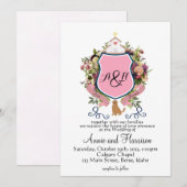 ピンクの花飾り紋章 モノグラム ゴールデンレトリーバー 招待状 (正面/裏面)