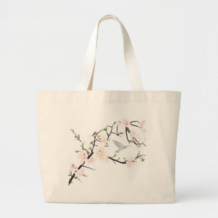 ピンクの花鳥 ラージトートバッグ