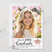 ピンクの花2025の白クラス写真卒業 案内状 (正面)