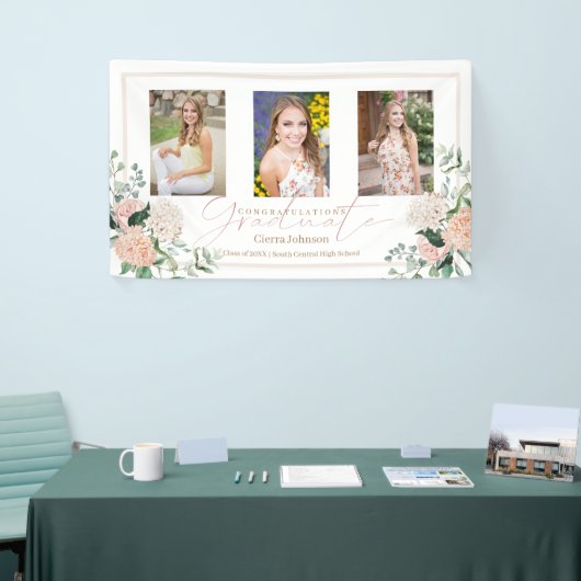 ピンクの花3枚の写真書道の卒業 横断幕 (トレードショー)