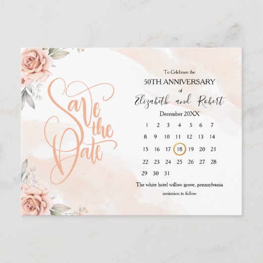 ピンクの花50周年記念の日付を保存 案内ポストカード (正面)