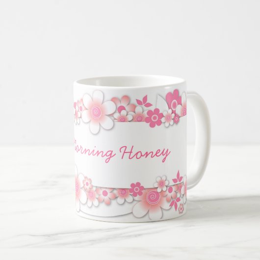 ピンクの花、おはようの蜂蜜 コーヒーマグカップ (正面右)