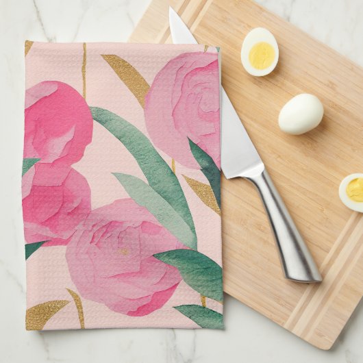 ピンクの花 キッチンタオル (四つ折り)