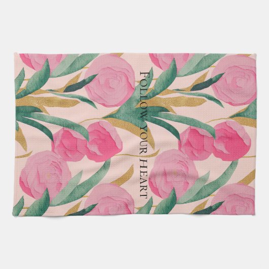 ピンクの花 キッチンタオル (横)