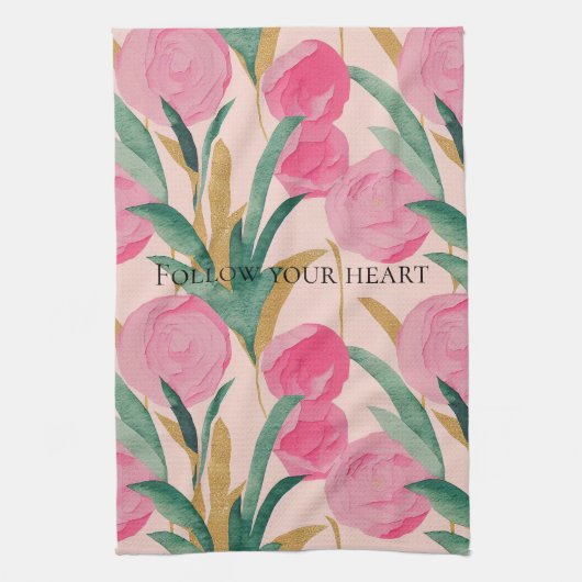 ピンクの花 キッチンタオル (縦)