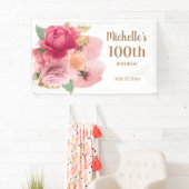 ピンクの花 ゴールドのラメ 100歳の誕生日パーティー  横断幕 (インサイチュ)