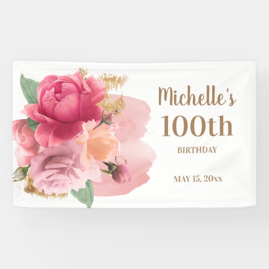 ピンクの花 ゴールドのラメ 100歳の誕生日パーティー  横断幕 (横)