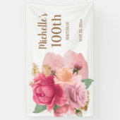 ピンクの花 ゴールドのラメ 100歳の誕生日パーティー  横断幕 (縦)