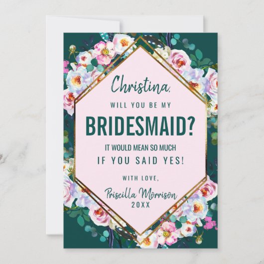 ピンクの花 ゴールドの縁取り エメラルド翡翠の花嫁の介添え人 招待状 (正面)