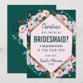 ピンクの花 ゴールドの縁取り エメラルド翡翠の花嫁の介添え人 招待状 (正面/裏面)