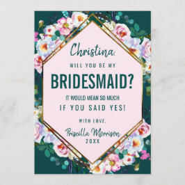 ピンクの花 ゴールドの縁取り エメラルド翡翠の花嫁の介添え人 招待状