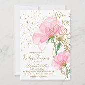 ピンクの花 ゴールドグリッター ベビーシャワー 招待状 (正面)