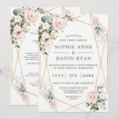 ピンクの花 ゴールドフレーム オールインワン ウェディング 招待状 (正面/裏面)