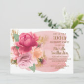 ピンクの花 ゴールドラメ 100歳の誕生日パーティー 招待状 (スタンド正面)