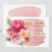 ピンクの花 ゴールドラメ 100歳の誕生日パーティー 招待状 (正面/裏面)