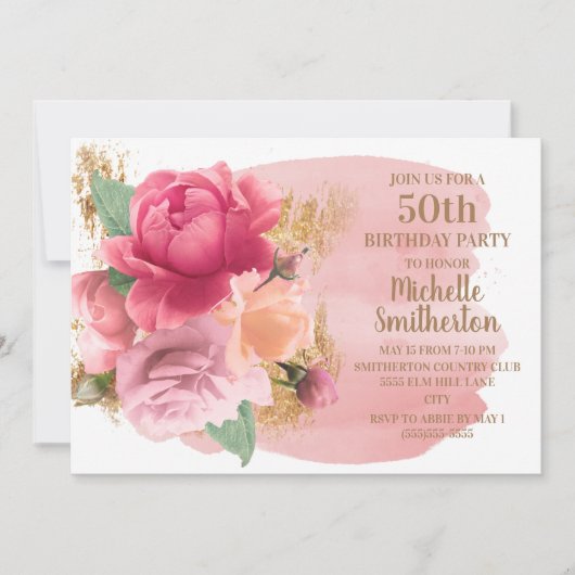 ピンクの花 ゴールドラメ 50歳の誕生日パーティー 招待状 (正面)