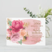 ピンクの花 ゴールドラメ 50歳の誕生日パーティー 招待状 (スタンド正面)