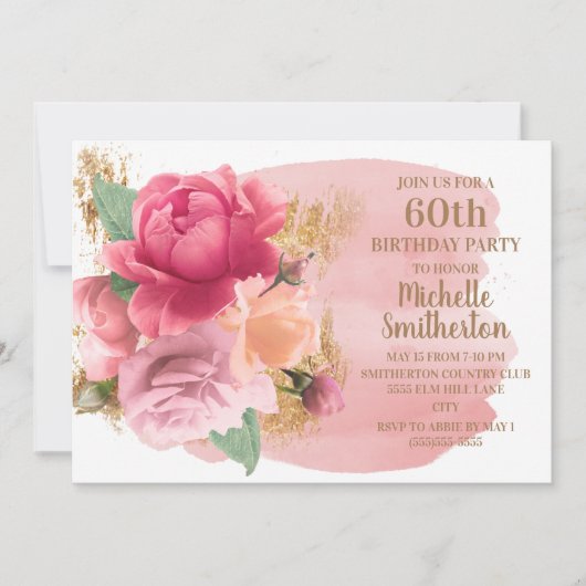 ピンクの花 ゴールドラメ 60歳の誕生日パーティー 招待状 (正面)