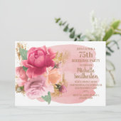 ピンクの花 ゴールドラメ 75歳の誕生日パーティー 招待状 (スタンド正面)