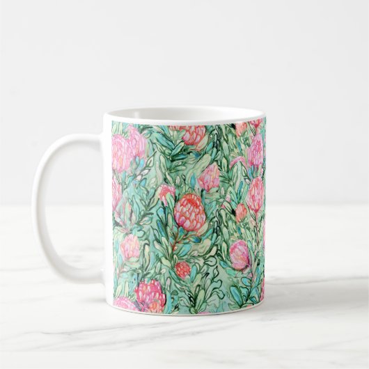ピンクの花、セージの緑、シームレス。 コーヒーマグカップ (左)