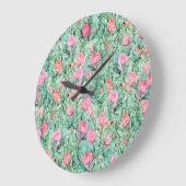 ピンクの花、セージの緑、シームレス。 ラージ壁時計 (傾斜)
