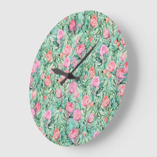ピンクの花、セージの緑、シームレス。 ラージ壁時計 (傾斜)