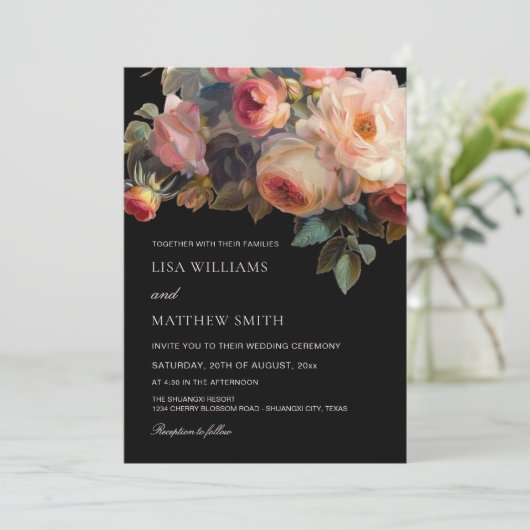 ピンクの花 ダーク フラワル | ウェディング フォト 招待状 (スタンド正面)