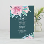 ピンクの花。ティール（緑がかった色）フローラ結婚の座席表 招待状 (スタンド正面)
