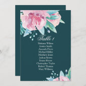 ピンクの花。ティール（緑がかった色）フローラ結婚の座席表 招待状 (正面/裏面)