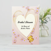 ピンクの花、ハートフレーム、リングや輪ブライダルシャワー 招待状 (スタンド正面)