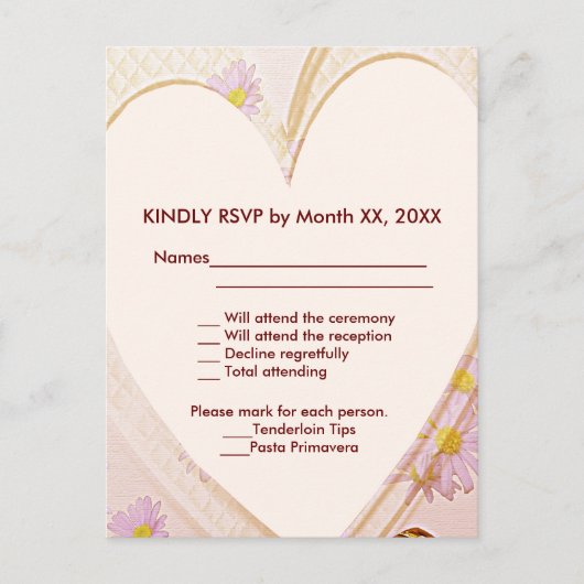 ピンクの花、ハート、リングや輪RSVPのディナー結婚。 インビテーションポストカード (正面)