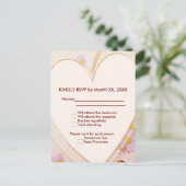 ピンクの花、ハート、リングや輪RSVPのディナー結婚。 インビテーションポストカード (スタンド正面)