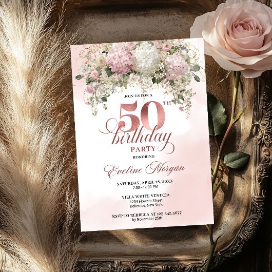 ピンクの花 バラゴールド 50歳の誕生日パーティー  招待状