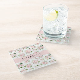 ピンクの花,バラ,水彩の花,あなたの名前 ガラスコースター