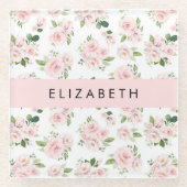 ピンクの花,バラ,水彩の花,あなたの名前 ガラスコースター (正面)