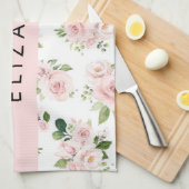 ピンクの花,バラ,水彩の花,あなたの名前 キッチンタオル (四つ折り)