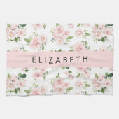 ピンクの花,バラ,水彩の花,あなたの名前 キッチンタオル (横)