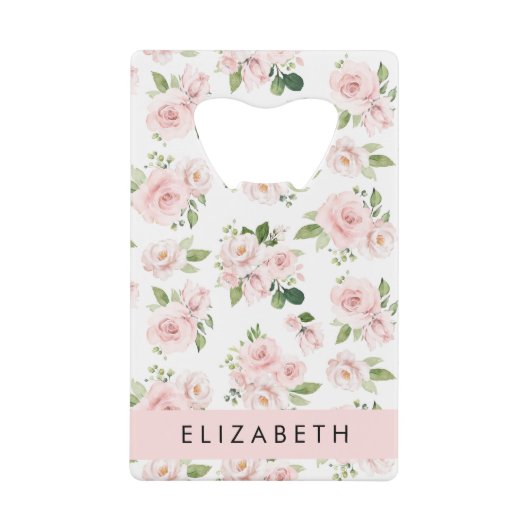 ピンクの花,バラ,水彩の花,あなたの名前 クレジットカード栓抜き (正面)