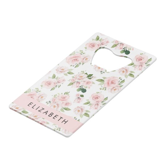 ピンクの花,バラ,水彩の花,あなたの名前 クレジットカード栓抜き (正面アングル)