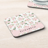 ピンクの花,バラ,水彩の花,あなたの名前 コースター (左側)