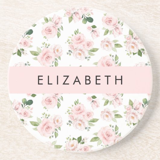 ピンクの花,バラ,水彩の花,あなたの名前 コースター (正面)