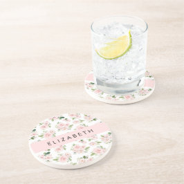 ピンクの花,バラ,水彩の花,あなたの名前 コースター