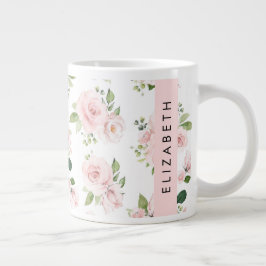 ピンクの花,バラ,水彩の花,あなたの名前 ジャンボコーヒーマグカップ